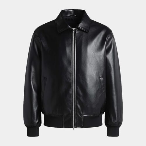 Unisex PU Leather Collared Varsity Jacket Thumbnail